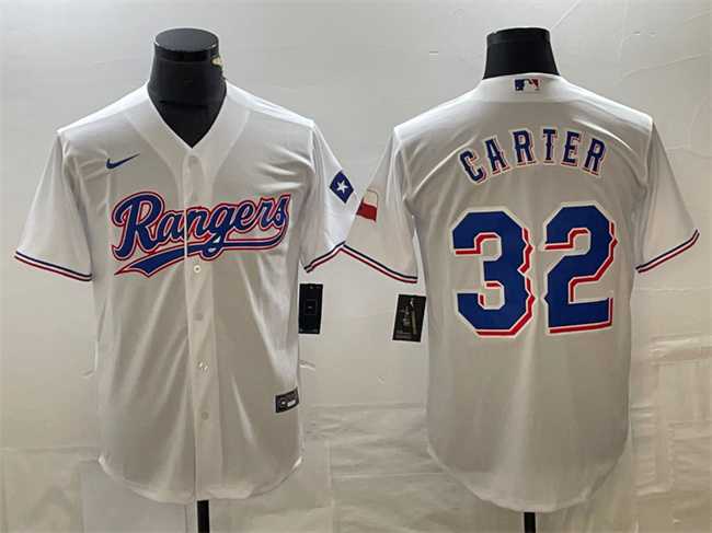 Mens Texas Rangers #32 Evan Carter White With Patch Cool Base Stitched Baseball Jersey